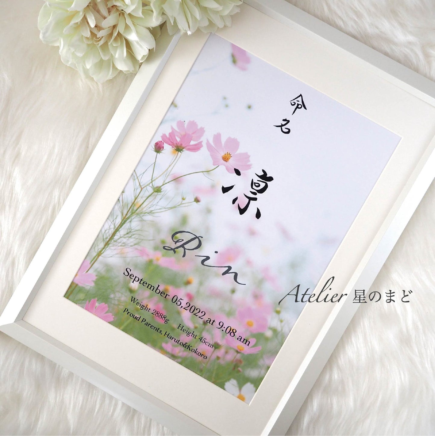 「秋桜」命名書☆オーダー☆おしゃれな誕生月・季節花の命名書☆ A4サイズ&葉書サイズのお得なセット♪