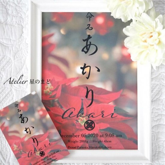 命名書☆オーダー☆おしゃれな誕生月・季節花の命名紙☆ポインセチア A4サイズ&葉書サイズのお得なセット♪
