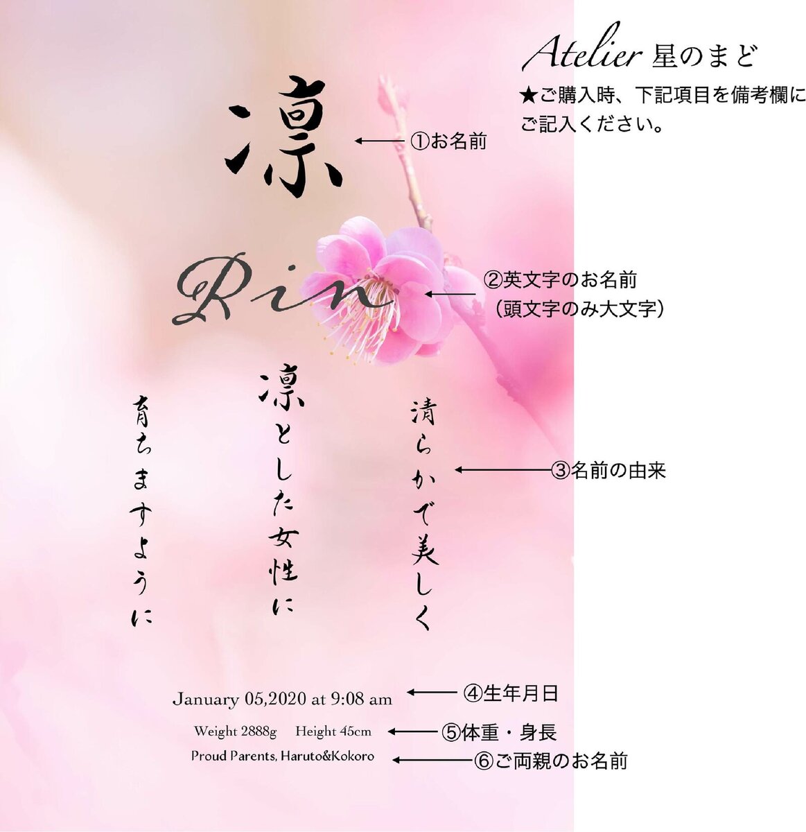 お名前由来の命名書☆オーダー☆おしゃれな誕生月・季節花の命名書☆桜のお花 A4サイズ&葉書サイズのお得なセット♪