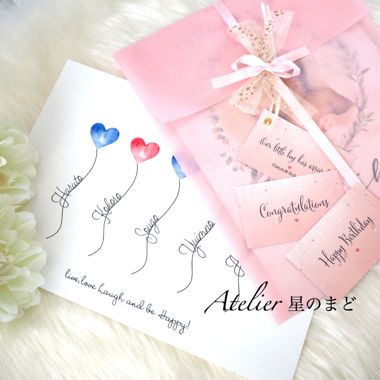 命名書☆オーダー☆おしゃれな誕生月・季節花の命名書☆ミモザのお花 A4サイズ&葉書サイズのお得なセット♪
