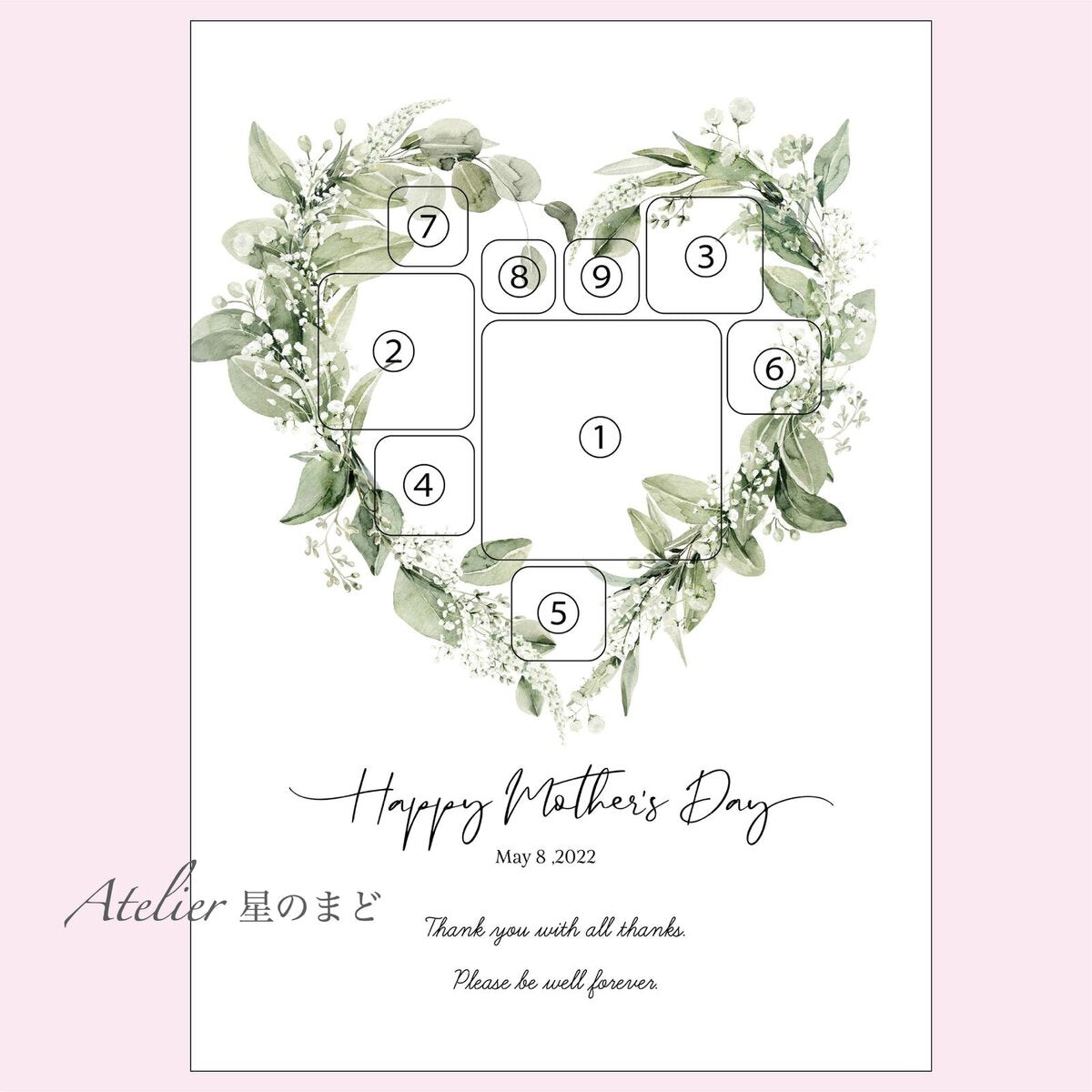 母の日のプレゼントに 喜ばれるベビーポスター 感謝の気持ちを込めて お洒落で可愛い孫ポスター かすみ草&リーフのハートリースに包まれて プラチナグレード光沢紙で美しさ長持ち A4 A3