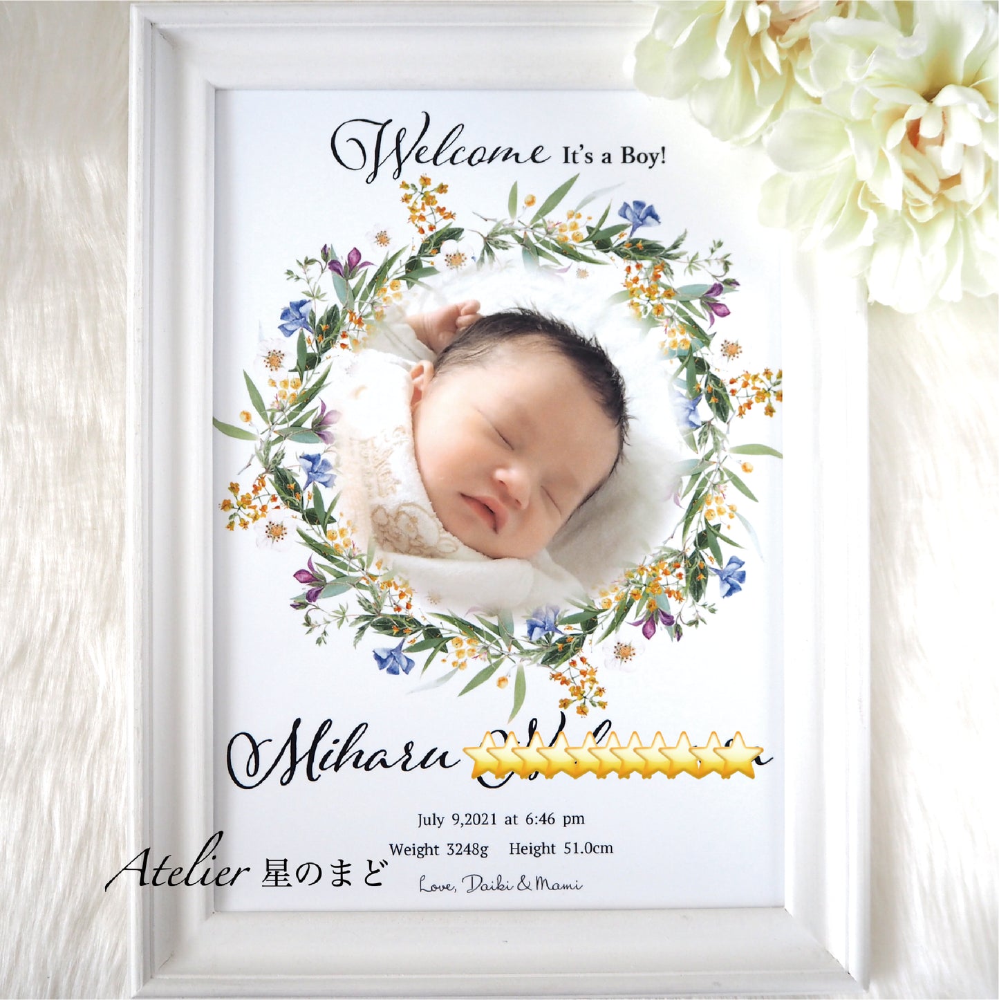 メモリアルポスター 赤ちゃんの記念に　お洒落で可愛い命名書 　ミモザと野花のリースに包まれて　プラチナグレード光沢紙で美しさ長持ち