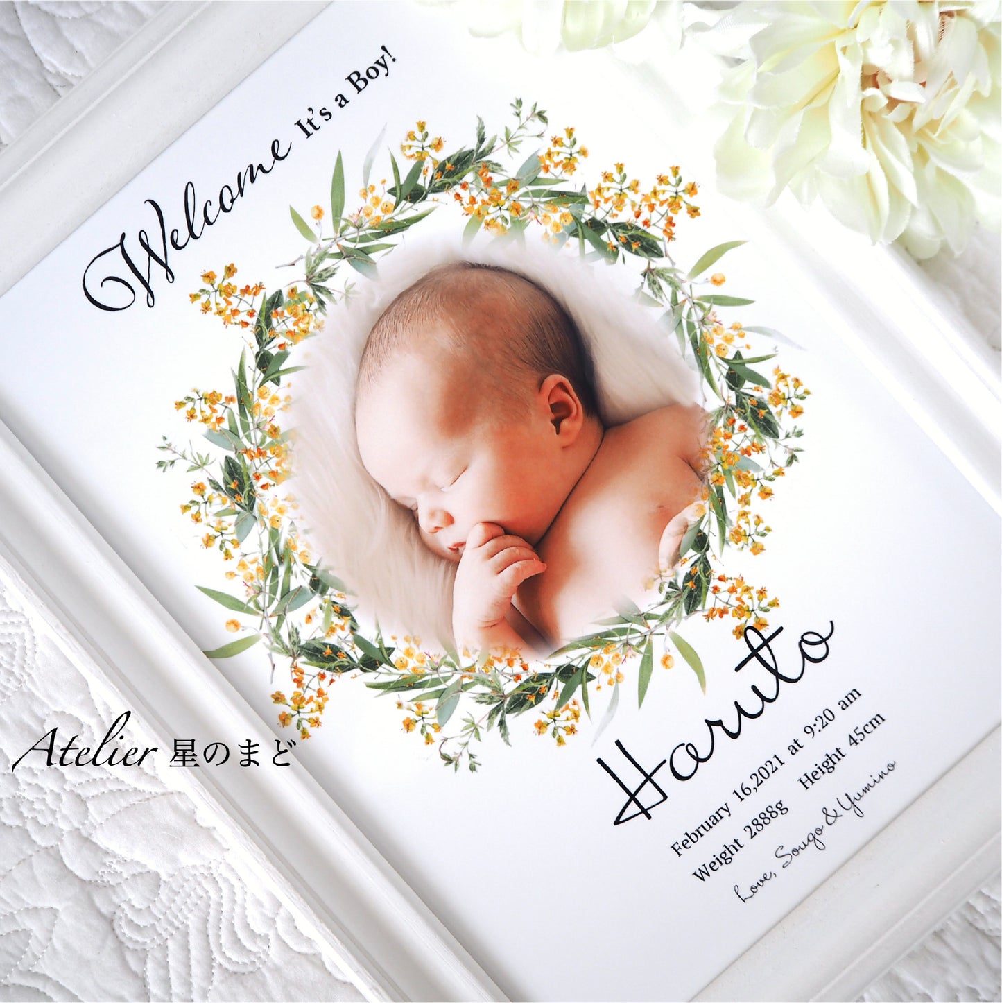 メモリアルポスター 赤ちゃんの記念に　お洒落で可愛い命名書   ミモザのリースに包まれて　プラチナグレード光沢紙で美しさ長持ち